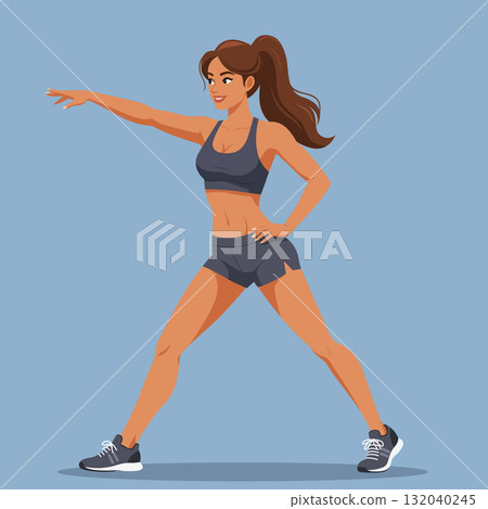 Young fit woman standing stretching arm pose 132040245