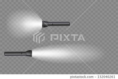 Flashlight on a transparent background. Shine lighting torch. Vector 132040261