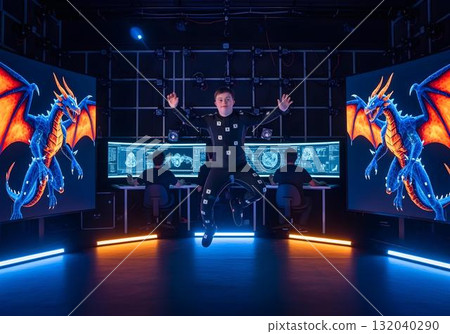 Young man with Down syndrome in motion capture suit performing animation in high tech studio with screens showing dragon character and digital skeleton 132040290