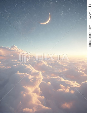 A Serene and Beautiful Crescent Moon Illuminated Against a Colorful Twilight Sky 132040414