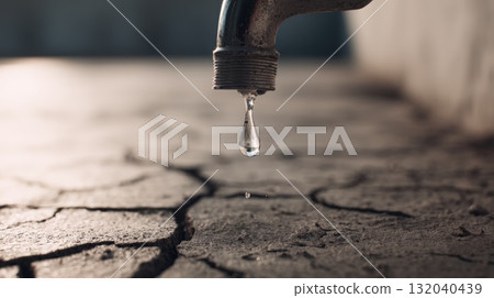 Close-Up Of Dripping Faucet Over Cracked Ground Creating A Wet Water Drop In An Outdoor Scene Close-Up Of Dripping Faucet Over Cracked Ground Creating A Wet Water Drop In An Outdoor Scene 132040439