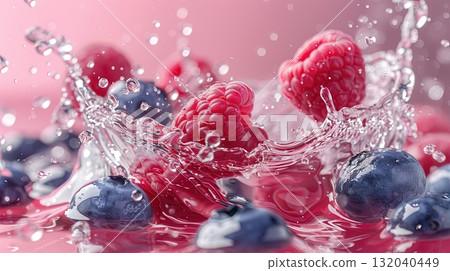 Blueberries and raspberries hitting water and creating big splashes, refreshing summer drink concept 132040449