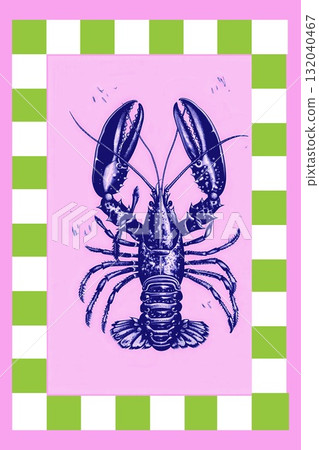 Vintage lobster vintage illustration with pastel checkered frame, retro hand drawn style for decor, prints, cards, and art collectors. 132040467