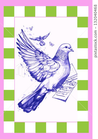 Vintage bird vintage poster with pastel checkered frame, retro hand drawn style for decor prints, cards, and art collectors. 132040468