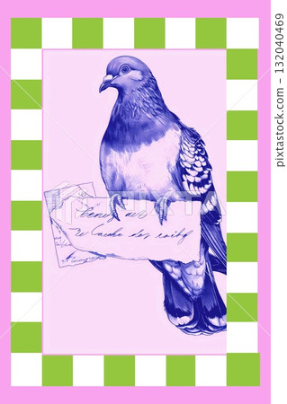 Vintage bird vintage poster with pastel checkered frame, retro hand drawn style for decor prints, cards, and art collectors. 132040469