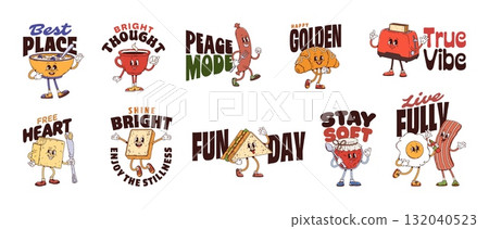 Breakfast food y2k groovy stickers. Cartoon vector cereal, coffee, sausage, croissant and toaster, butter, sandwich, jam, egg or bacon characters with motivational slogans bring fun and positive vibes 132040523