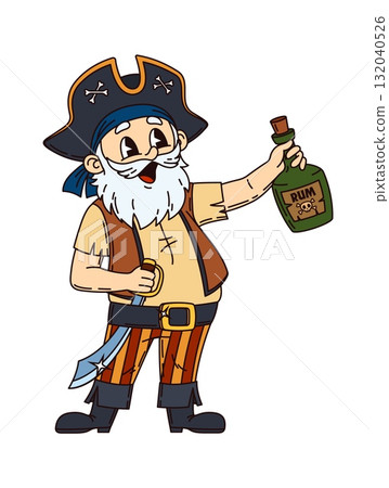 Corsair pirate drunk sailor groovy character. Buccaneer or privateer skipper, pirate captain funny vector isolated personage. Old grey haired pirate character in tricorn hat drinking rum and singing 132040526