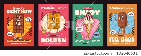 Sweet and dessert groovy characters posters with retro desserts as chocolate bar, waffle, ice cream cone, popsicle paired with motivational phrases and positive affirmations promoting joy and selflove 132040531