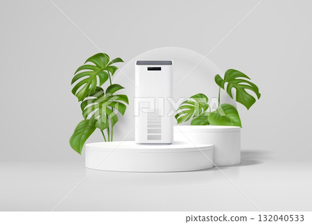 3D podium stage with air purifier and green leaves on pedestal platform, vector product display. Air purifier showcase platform with tropical plant leaves for home appliance display background 132040533