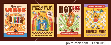Retro groovy hippie characters vintage posters. Vintage television, soda can, hot dog snack, cocktail glass with umbrella funky cartoon characters and motivational texts with vintage 60s and 70s vibes 132040535