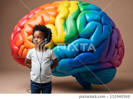 Black autistic black child boy wearing headphone standing in front of large rainbow brain model concept of neurodiversity autism awareness and cognitive spectrum representation Black autistic black child boy wearing headphone standing in front of large rainbow brain model concept of neurodiversity autism awareness and cognitive spectrum representation 132040568