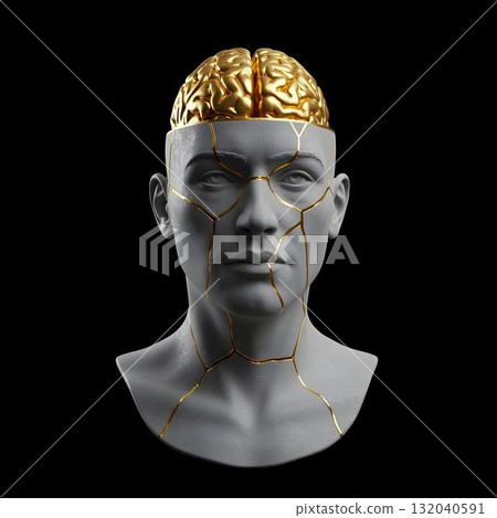 Gray human bust with golden brain and kintsugi cracks on black background, symbol of resilience, cognitive value, and neurodiverse empowerment 132040591