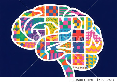 Abstract colorful patterned brain illustration on blue background concept of neurodiversity mental health inclusion and creative thinking Abstract colorful patterned brain illustration on blue background concept of neurodiversity mental health inclusion and creative thinking 132040625