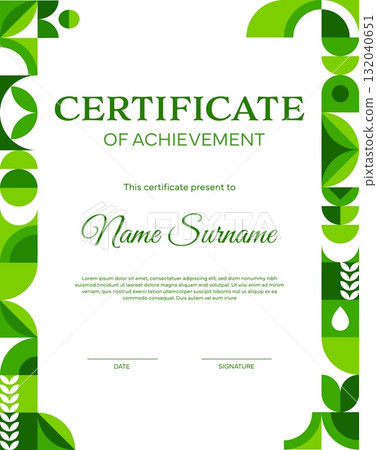 Ecology business certificate with geometric Bauhaus pattern. Nature saving vector official letter, planet Earth protection award document or certificate. Ecology save diploma with Bauhaus shapes 132040651