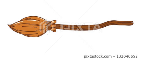 Halloween witch broom, scary vintage 70s groovy sticker or label. Fall season holiday retro hippie sticker, Halloween groovy vector tag. Autumn celebration patch with broom witchcraft symbol 132040652