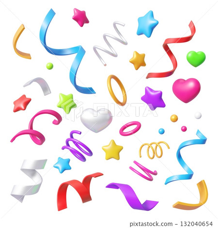 3d confetti ribbons, stars, hearts, swirls and circles for celebration and party event decorations. Bright vector festive elements featuring colorful rings, spirals and curling ribbons for decoration 132040654