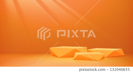 3D orange podium stage with pedestal platform for product display showcase, vector background. Orange podium stage of abstract geometric platforms with light beams and shadows on wall for showroom 3D orange podium stage with pedestal platform for product display showcase, vector background. Orange podium stage of abstract geometric platforms with light beams and shadows on wall for showroom 132040655