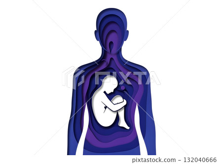 Layered paper cut silhouette with curled figure inside symbolizing autism spectrum neurodiversity anxiety and emotional wellbeing in conceptual minimalist style 132040666
