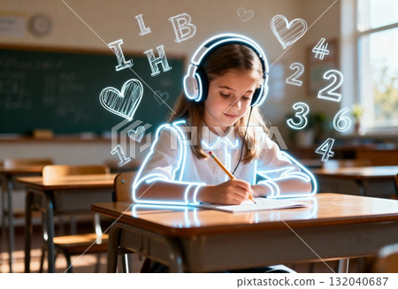 Neurodivergent kid girl with headphones outlined in glowing blue lines writing calmly in school desk surrounded by floating math symbols expressing inclusive learning and focus 132040687