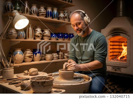 Autistic man using pottery wheel with headphone in cozy ceramic studio with shelves full of handmade vases and sensory friendly lighting 132040715