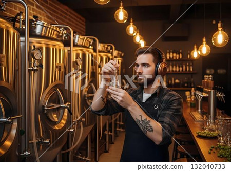 Neurodivergent man with headphone analyzing liquid sample in brewery with stainless tanks and industrial lights in background 132040733