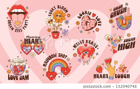 Love y2k groovy stickers set with psychedelic, retro hearts, sweets, rainbows, and funky quotes like sugar high, love jam and dream kiss party. Vector vintage hippie patches for Valentine holiday 132040748