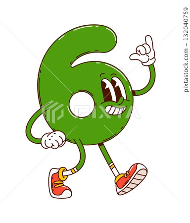Cartoon groovy math number six character. Isolated vector cute and funny arithmetic figure, digit 6 school education personage with adorable and cheerful face, rounded shape, and vibrant green color Cartoon groovy math number six character. Isolated vector cute and funny arithmetic figure, digit 6 school education personage with adorable and cheerful face, rounded shape, and vibrant green color 132040759