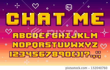 8 bit retro game font with pixel art type letters and 8bit digital typeface, vector English alphabet. Cartoon 8 bit pixel art font of modern typeface for arcade game or retro tech pixel typography ABC 132040760