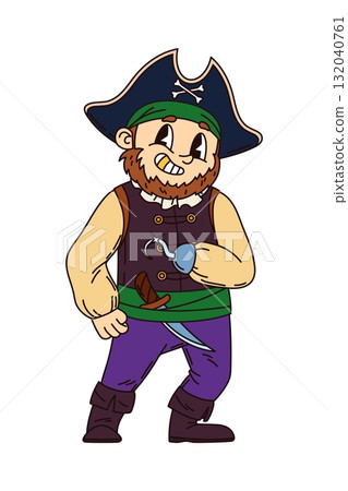Cartoon funny groovy pirate and corsair character looking confident and fierce. Isolated vector fantasy rover personage hand hook and classic filibuster captain attire with a dagger tucked in his sash 132040761