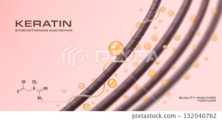 Shampoo keratin repair and hair roots. Molecule of oil protect and care hair follicle health, serum for scalp and skin great solution for damage hair. Luxury elegant banner with keratin formula 132040762