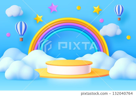 3d kids podium with sky clouds and rainbow, floating hot air balloons and twinkle stars. Cartoon vector background in cute childish toy style with round stage or pedestal under blue cloudy sky 132040764
