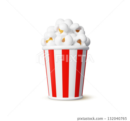 3d movie striped red and white popcorn bucket, cinema pop corn basket with fluffy kernels. realistic Isolated container mock up with snack seeds. Paper box with popcorn for cinema or movie theater 132040765