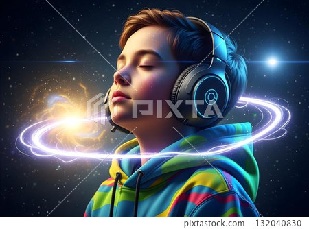 Autistic child boy with white noise cancelling headphones and colorful hoodie, eyes closed, surrounded by cosmic galaxy light trails, symbolizing neurodiversity and imagination 132040830