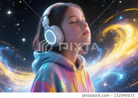 Neurodivergent kid girl with white headphones and rainbow hoodie, eyes closed, galaxy and golden light swirls behind, symbolizing autism, creativity and inner world Neurodivergent kid girl with white headphones and rainbow hoodie, eyes closed, galaxy and golden light swirls behind, symbolizing autism, creativity and inner world 132040833