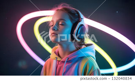 Neurodivergent kid girl with white headphones and colorful hoodie, eyes half closed, neon light trails orbiting head, concept of autism and sensory processing awareness Neurodivergent kid girl with white headphones and colorful hoodie, eyes half closed, neon light trails orbiting head, concept of autism and sensory processing awareness 132040834