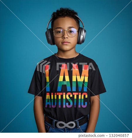 Confident empowered autistic black boy wearing rainbow pride shirt with I AM AUTISTIC text and headphones standing for neurodiversity pride and awareness, blue background Confident empowered autistic black boy wearing rainbow pride shirt with I AM AUTISTIC text and headphones standing for neurodiversity pride and awareness, blue background 132040857