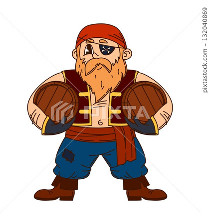 Retro cartoon groovy European pirate and corsair character with bandana and an eye patch, carrying wooden barrels. Isolated vector bearded sea sailor personage exudes swashbuckling y2k adventurer vibe Retro cartoon groovy European pirate and corsair character with bandana and an eye patch, carrying wooden barrels. Isolated vector bearded sea sailor personage exudes swashbuckling y2k adventurer vibe 132040869