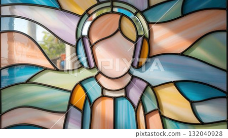 Stained glass portrait with headphones calm pastel waves around figure metaphor for sensory processing neurodiversity autism ADHD inclusion and therapeutic support 132040928