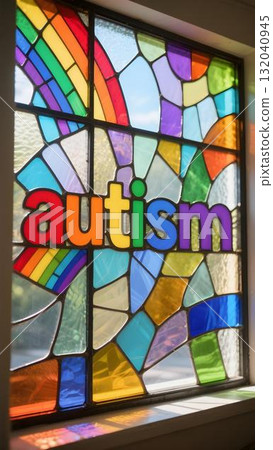 Bright stained glass window with autism in rainbow colors over abstract background symbolizing neurodiversity awareness therapy and inclusion 132040945