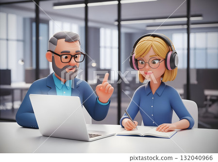 Neurodivergent woman with headphone taking notes beside mentor in office setting learning with sensory support and inclusive workplace adaptation 132040966