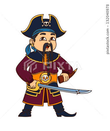 Asian cartoon pirate and corsair character in captain clothing, holding sword with a confident expression. Isolated vector groovy filibuster personage wearing a tricorn hat with a skull emblem 132040978