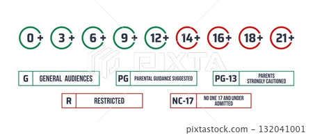 Age restriction and movie rating icons of general audience, parental guidance, pg 13, restricted, nc17 and different age categories symbols for media classification, censorship, and viewer guidance 132041001