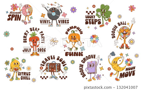 Retro Y2K groovy stickers with funny funky characters or emoji, cartoon vector set. Groovy stickers with freaky disco boogie ball and book emoticon, music disc with travel bag and good vibes quote 132041007