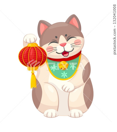 Maneki neko Japanese lucky cat with paper lantern for luck or fortune, vector cartoon character. Maneki neko cat or toy animal with Chinese red paper lantern and golden bell for luck or fortune symbol 132041008