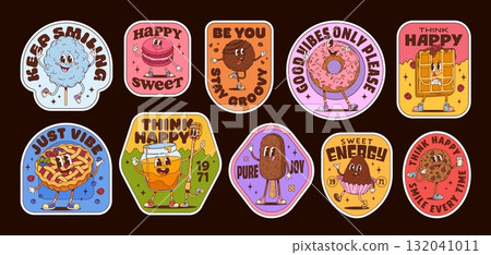 Groovy dessert and sweets label stickers of appetizing confectionery, vector hippie patches. Groovy donut with ice cream and chocolate cookies, waffle and sweet macaron stickers and cotton candy patch Groovy dessert and sweets label stickers of appetizing confectionery, vector hippie patches. Groovy donut with ice cream and chocolate cookies, waffle and sweet macaron stickers and cotton candy patch 132041011