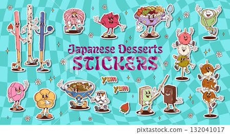 Cartoon retro groovy japanese desserts stickers pack of funny hippie asian sweet food. Cute groovy wagashi confectionery vector characters of rice cake mochi and daifuku, candy yokan, dumplings dango 132041017
