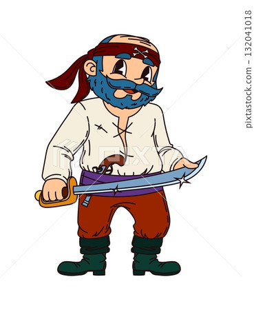Grey haired corsair pirate cartoon funny character. Corsair bandit cute personage, Caribbean pirate happy vector character. Filibuster captain cheerful mascot with grey beard, armed with cutlass sword 132041018