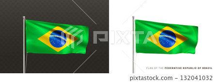 Realistic national flag of Federative Republic Brazil on metal flagpole 132041032