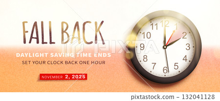 Fall Back. Daylight saving time ends banner with realistic clock Fall Back. Daylight saving time ends banner with realistic clock 132041128