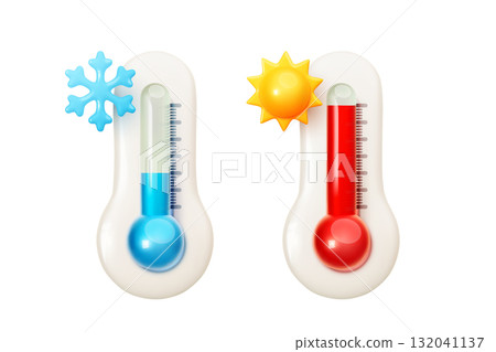 Realistic glass 3d thermometer icons with ice snowflake and sun 132041137